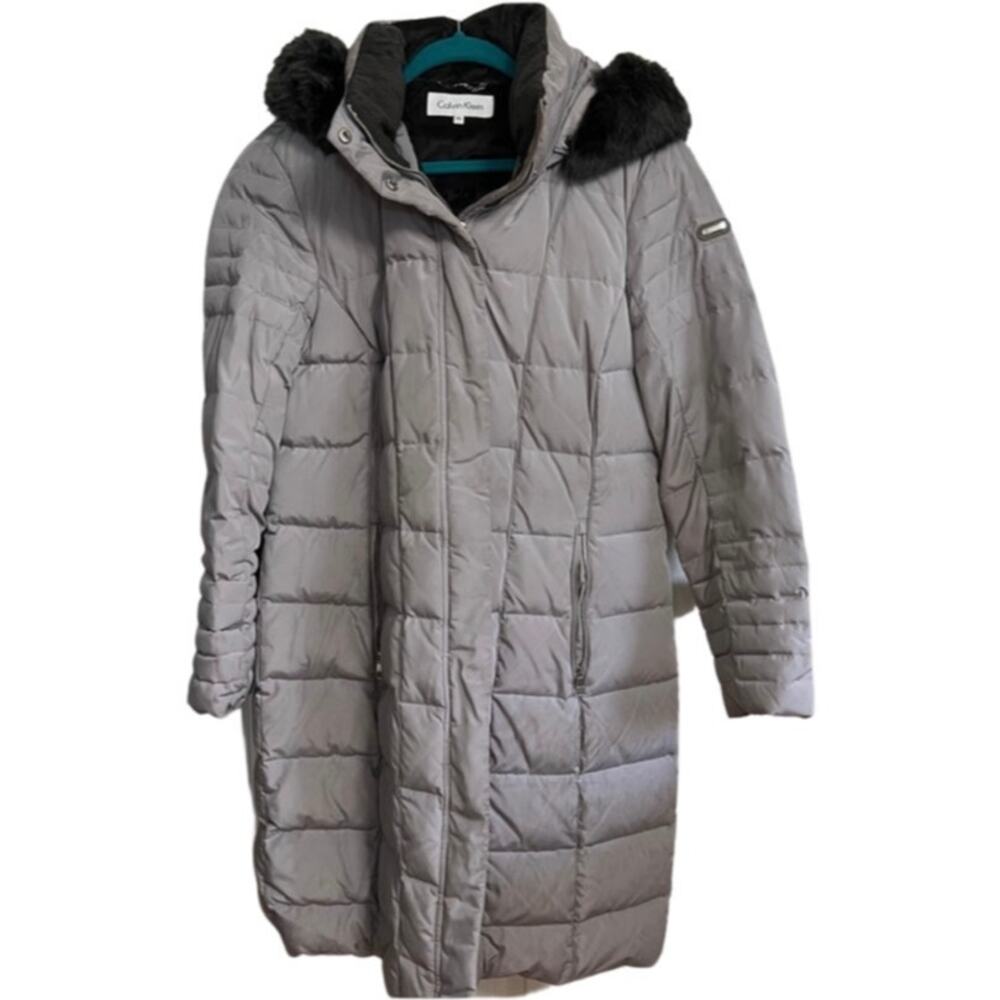 Calvin Klein Gray Duck Down Filled Long Puffer Hooded Coat Faux Fur Lining P XL